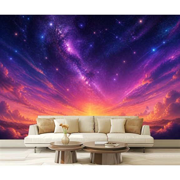 Wall Mural Peel and Stick View evening purple sky clouds stars abstract Self-Adhesive Wallpaper Removable Wall Decal Wall Sticker Home Decor for Living Room Bedroom 100"x144"