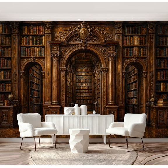 Wall Mural Peel and Stick Vintage Ornate Wooden Library Interior Arched Bookshelves Antique Self-Adhesive Wallpaper Removable Wall Decal Wall Sticker Home Decor for Living Room Bedroom 69"x96"