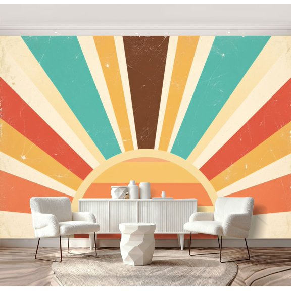 Wall Mural Peel and Stick Vintage sun retro Colourful grunge sunburst Self-Adhesive Wallpaper Removable Wall Decal Wall Sticker Home Decor for Living Room Bedroom 69"x96"