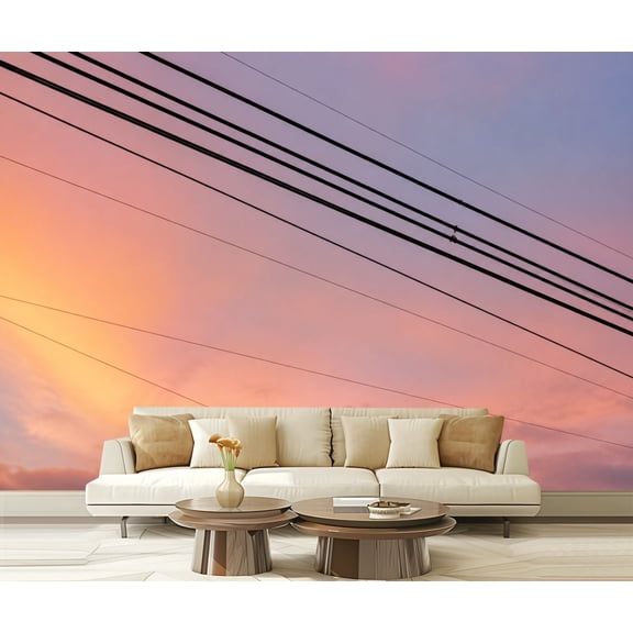 Wall Mural Peel and Stick Vivid Sunset Sky Colorful Clouds Overhead Power Lines Self-Adhesive Wallpaper Removable Wall Decal Wall Sticker Home Decor for Living Room Bedroom 100"x144"