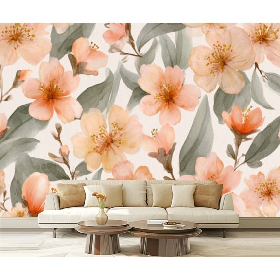 Wall Mural Peel and Stick Watercolor Floral Soft Peach Blossoms Green Leaves Light Self-Adhesive Wallpaper Removable Wall Decal Wall Sticker Home Decor for Living Room Bedroom 100"x144"