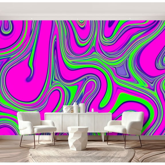 Wall Mural Peel and Stick Wave Colorful Neon Proton Marble Chaos Purple Green Plastic Pink Self-Adhesive Wallpaper Removable Wall Decal Wall Sticker Home Decor for Living Room Bedroom 69"x96"