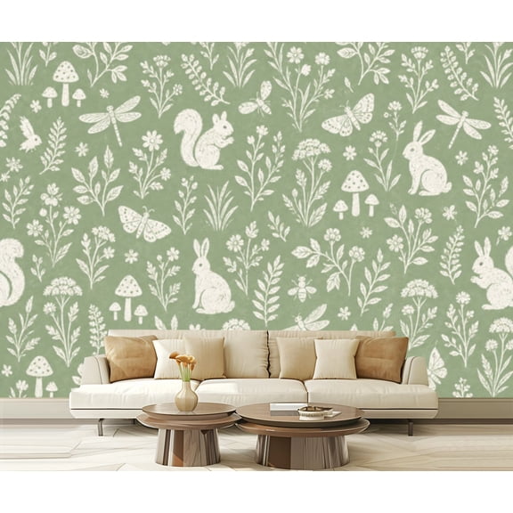 Wall Mural Peel and Stick Whimsical Forest Rabbits Squirrels Flowers Insects Green Self-Adhesive Wallpaper Removable Wall Decal Wall Sticker Home Decor for Living Room Bedroom 100"x144"