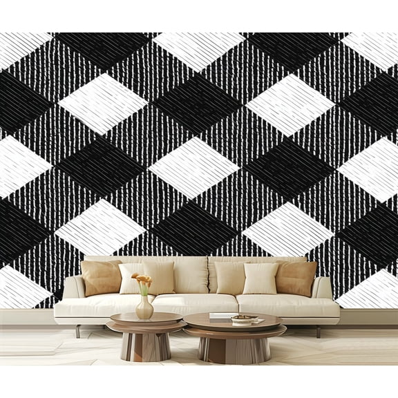 Wall Mural Peel and Stick White Black Buffalo Check Plaid Seamless Self-Adhesive Wallpaper Removable Wall Decal Wall Sticker Home Decor for Living Room Bedroom 100"x144"