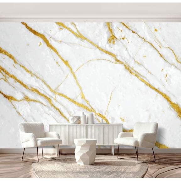 Wall Mural Peel and Stick White gold marble luxury wall texture shine golden line abstract Self-Adhesive Wallpaper Removable Wall Decal Wall Sticker Home Decor for Living Room Bedroom 69"x96"