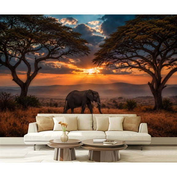 Wall Mural Peel and Stick Wild African elephant savannah National Park Wildlife Tanzania African Self-Adhesive Wallpaper Removable Wall Decal Wall Sticker Home Decor for Living Room Bedroom 100"x144"