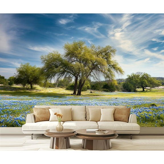 Wall Mural Peel and Stick Willow city loop Texan spring landscape blue bonnets Self-Adhesive Wallpaper Removable Wall Decal Wall Sticker Home Decor for Living Room Bedroom 100"x144"