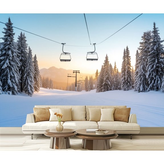 Wall Mural Peel and Stick Winter mountains panorama ski slopes ski lifts Self-Adhesive Wallpaper Removable Wall Decal Wall Sticker Home Decor for Living Room Bedroom 100"x144"