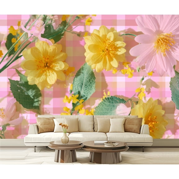 Wall Mural Peel and Stick Yellow Floral Green Foliage Pink Gingham Checkered Self-Adhesive Wallpaper Removable Wall Decal Wall Sticker Home Decor for Living Room Bedroom 100"x144"