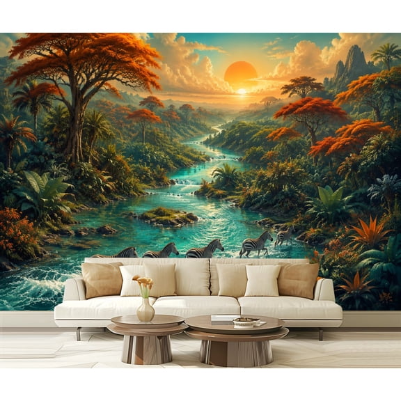 Wall Mural Peel and Stick Zebras Crossing Turquoise River Sunset Fantasy African Savannah Self-Adhesive Wallpaper Removable Wall Decal Wall Sticker Home Decor for Living Room Bedroom 100"x144"