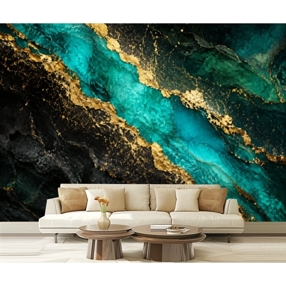 Wall Mural Peel and Stick abstract black marble green malachite golden veins japanese kintsugi Self-Adhesive Wallpaper Removable Wall Decal Wall Sticker Home Decor for Living Room Bedroom 100"x144"