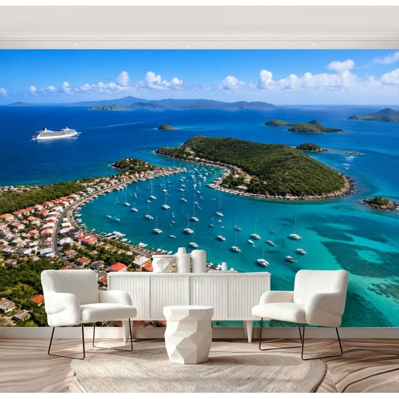 Wall Mural Peel and Stick aerial view Cruz Bay US Virgin Islands Self-Adhesive Wallpaper Removable Wall Decal Wall Sticker Home Decor for Living Room Bedroom 69"x96"