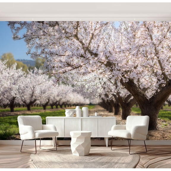 Wall Mural Peel and Stick blossom almond trees field orchards pictures Self-Adhesive Wallpaper Removable Wall Decal Wall Sticker Home Decor for Living Room Bedroom 69"x96"