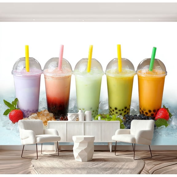 Wall Mural Peel and Stick bubble tea row lemon ice pictures royalty Self-Adhesive Wallpaper Removable Wall Decal Wall Sticker Home Decor for Living Room Bedroom 69"x96"