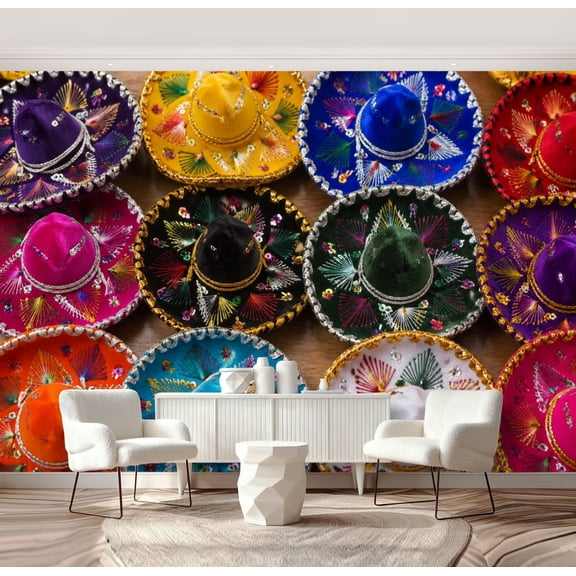Wall Mural Peel and Stick colorful mexican hats souvenirs sombreros cancun colorful Self-Adhesive Wallpaper Removable Wall Decal Wall Sticker Home Decor for Living Room Bedroom 69"x96"