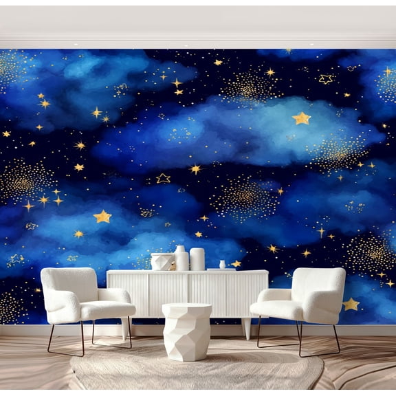 Wall Mural Peel and Stick dark blue seamless gold foil constellations stars Self-Adhesive Wallpaper Removable Wall Decal Wall Sticker Home Decor for Living Room Bedroom 69"x96"