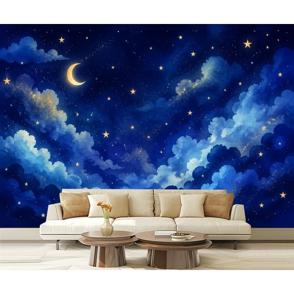 Wall Mural Peel and Stick dark blue seamless gold foil constellations stars clouds Watercolor Self-Adhesive Wallpaper Removable Wall Decal Wall Sticker Home Decor for Living Room Bedroom 100"x144"