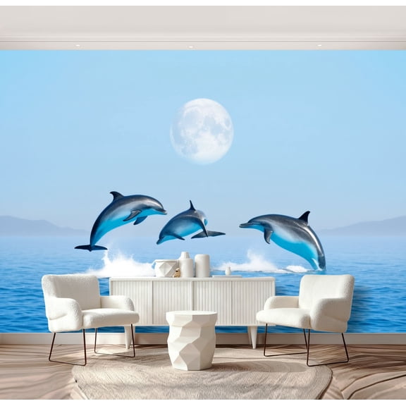 Wall Mural Peel and Stick dolphins jumping water sunset Self-Adhesive Wallpaper Removable Wall Decal Wall Sticker Home Decor for Living Room Bedroom 69"x96"