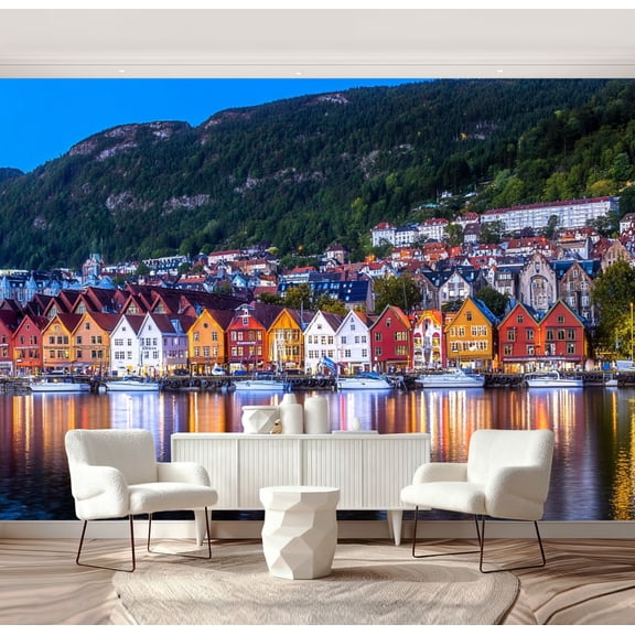 Wall Mural Peel and Stick famous Bryggen Bergen Norway Self-Adhesive Wallpaper Removable Wall Decal Wall Sticker Home Decor for Living Room Bedroom 69"x96"