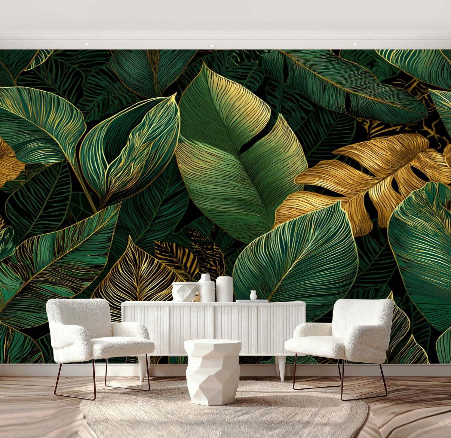 Wall Mural Peel and Stick golden green tropical leaves white Seamless Self-Adhesive Wallpaper Removable Wall Decal Wall Sticker Home Decor for Living Room Bedroom 69"x96"