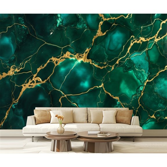 Wall Mural Peel and Stick green emerald shine bright gold marble Self-Adhesive Wallpaper Removable Wall Decal Wall Sticker Home Decor for Living Room Bedroom 100"x144"