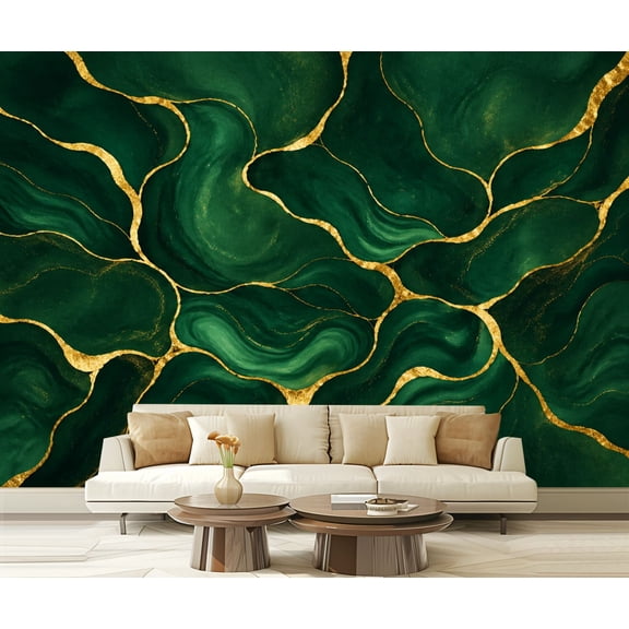 Wall Mural Peel and Stick green watercolor golden line Liquid marble texture Seamless abstract Self-Adhesive Wallpaper Removable Wall Decal Wall Sticker Home Decor for Living Room Bedroom 100"x144"