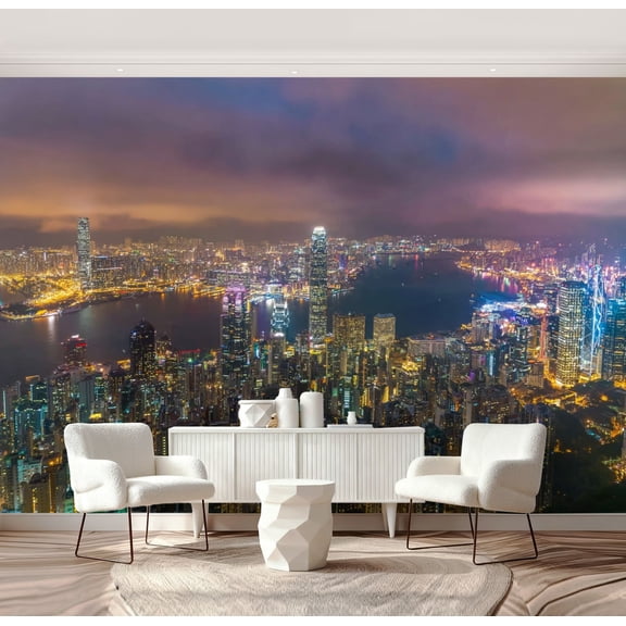 Wall Mural Peel and Stick honk kong city night china victoria building pictures Self-Adhesive Wallpaper Removable Wall Decal Wall Sticker Home Decor for Living Room Bedroom 69"x96"