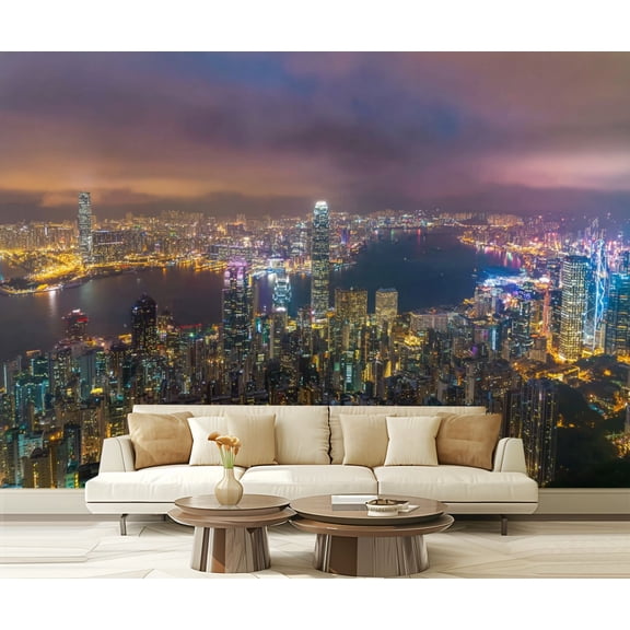 Wall Mural Peel and Stick honk kong city night china victoria building pictures Self-Adhesive Wallpaper Removable Wall Decal Wall Sticker Home Decor for Living Room Bedroom 100"x144"