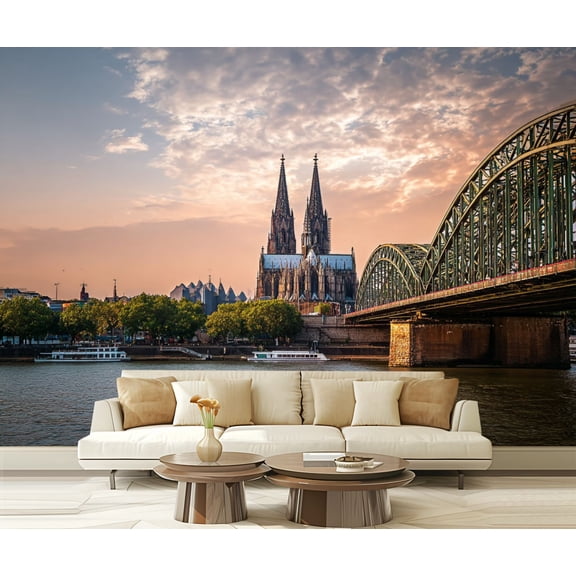 Wall Mural Peel and Stick koln germany city skyline cologne skyline sunset cologne bridge Self-Adhesive Wallpaper Removable Wall Decal Wall Sticker Home Decor for Living Room Bedroom 100"x144"