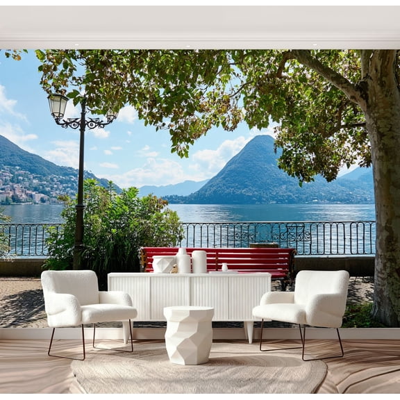 Wall Mural Peel and Stick lake lugano from city red bench pictures Self-Adhesive Wallpaper Removable Wall Decal Wall Sticker Home Decor for Living Room Bedroom 69"x96"