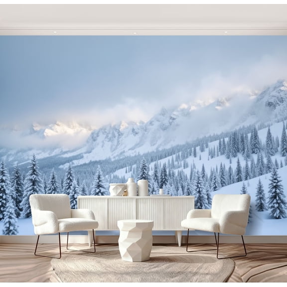 Wall Mural Peel and Stick mountain forest covered by snow snowfall ski resort Self-Adhesive Wallpaper Removable Wall Decal Wall Sticker Home Decor for Living Room Bedroom 69"x96"