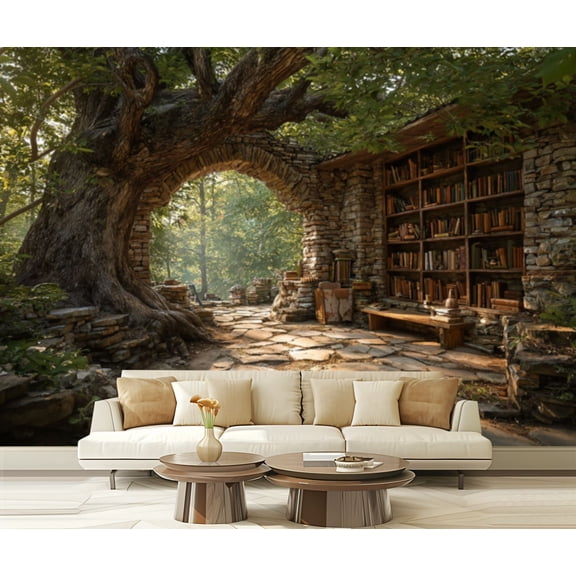Wall Mural Peel and Stick outdoor library ancient tree stone pathway sunlit forest Self-Adhesive Wallpaper Removable Wall Decal Wall Sticker Home Decor for Living Room Bedroom 100"x144"