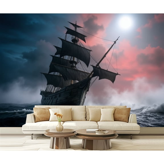 Wall Mural Peel and Stick pirate ship sailing sea 3D render Self-Adhesive Wallpaper Removable Wall Decal Wall Sticker Home Decor for Living Room Bedroom 100"x144"