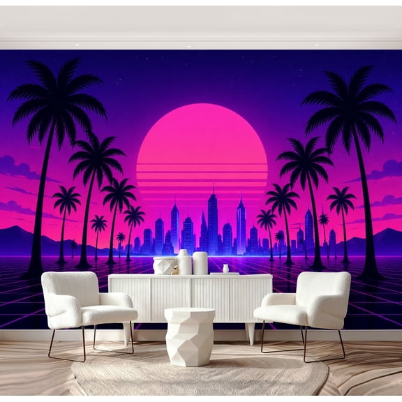 Wall Mural Peel and Stick retro cityscape sci fi summer landscape Self-Adhesive Wallpaper Removable Wall Decal Wall Sticker Home Decor for Living Room Bedroom 69"x96"
