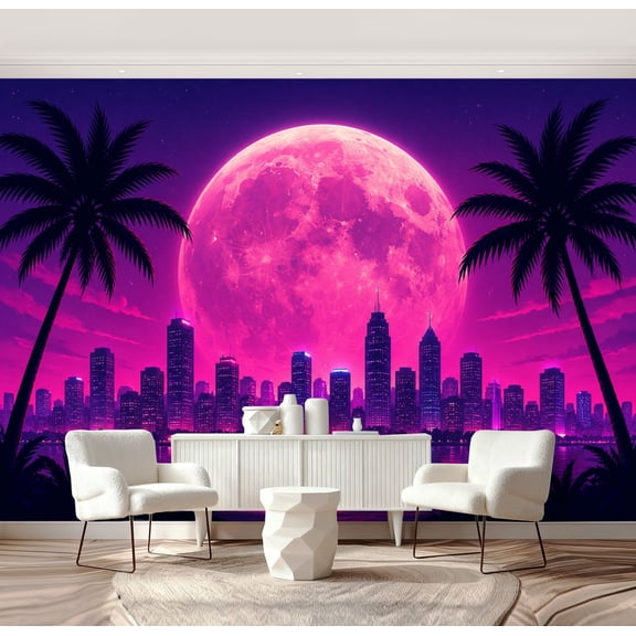 Wall Mural Peel and Stick retro landscape Retro fantastic 80s Abstract Neon Self-Adhesive Wallpaper Removable Wall Decal Wall Sticker Home Decor for Living Room Bedroom 69"x96"