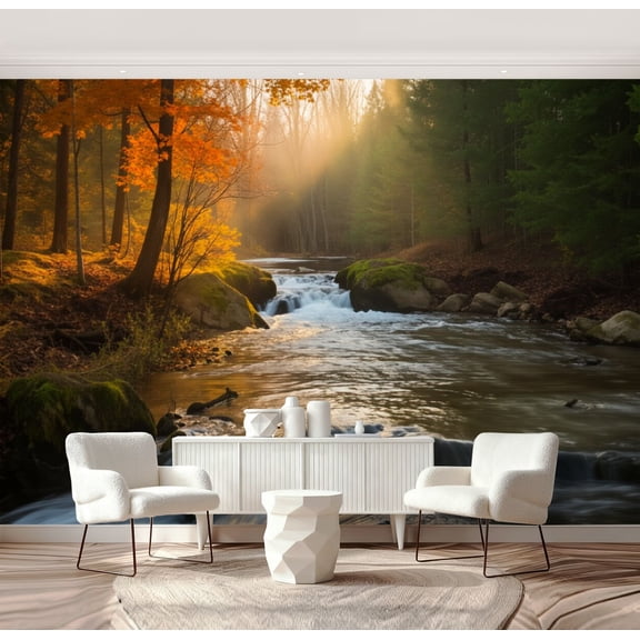 Wall Mural Peel and Stick river forest poconos pennsylvania fall forest Self-Adhesive Wallpaper Removable Wall Decal Wall Sticker Home Decor for Living Room Bedroom 69"x96"