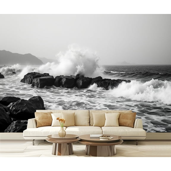 Wall Mural Peel and Stick sea waves crashing rocky pier black white black whites Self-Adhesive Wallpaper Removable Wall Decal Wall Sticker Home Decor for Living Room Bedroom 100"x144"
