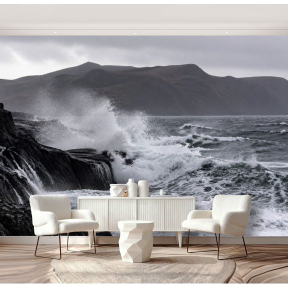 Wall Mural Peel and Stick sea waves crashing rocky pier black white black whites Self-Adhesive Wallpaper Removable Wall Decal Wall Sticker Home Decor for Living Room Bedroom 69"x96"