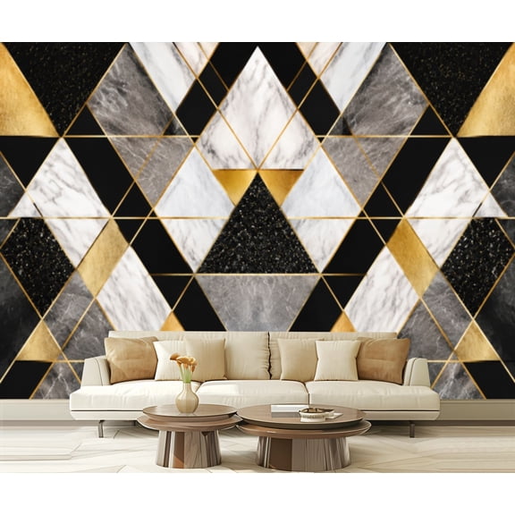 Wall Mural Peel and Stick seamless geometric gold metallic lines silver glitter black watercolor Self-Adhesive Wallpaper Removable Wall Decal Wall Sticker Home Decor for Living Room Bedroom 100"x144"