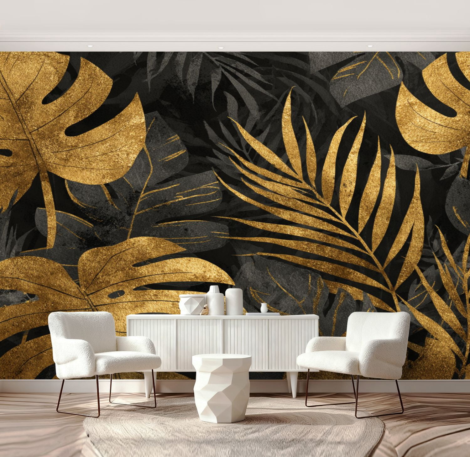 Wall Mural Peel and Stick seamless gold black tropical leaves dark Self-Adhesive Wallpaper Removable Wall Decal Wall Sticker Home Decor for Living Room Bedroom 69"x96"
