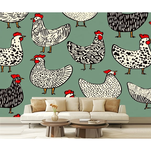 Wall Mural Peel and Stick seamless hand drawn chickens Beautiful ink drawing Self-Adhesive Wallpaper Removable Wall Decal Wall Sticker Home Decor for Living Room Bedroom 100"x144"