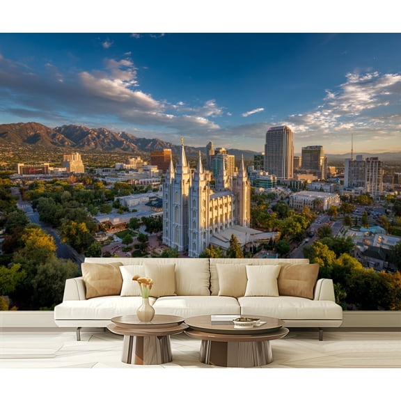 Wall Mural Peel and Stick skyline salt lake city utah spring purple colored sunset Self-Adhesive Wallpaper Removable Wall Decal Wall Sticker Home Decor for Living Room Bedroom 100"x144"