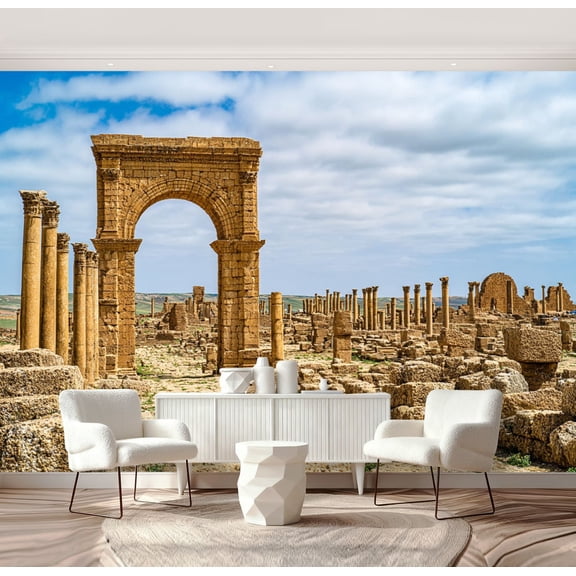 Wall Mural Peel and Stick timgad ruins roman berber city algeria old stone arch view Self-Adhesive Wallpaper Removable Wall Decal Wall Sticker Home Decor for Living Room Bedroom 69"x96"