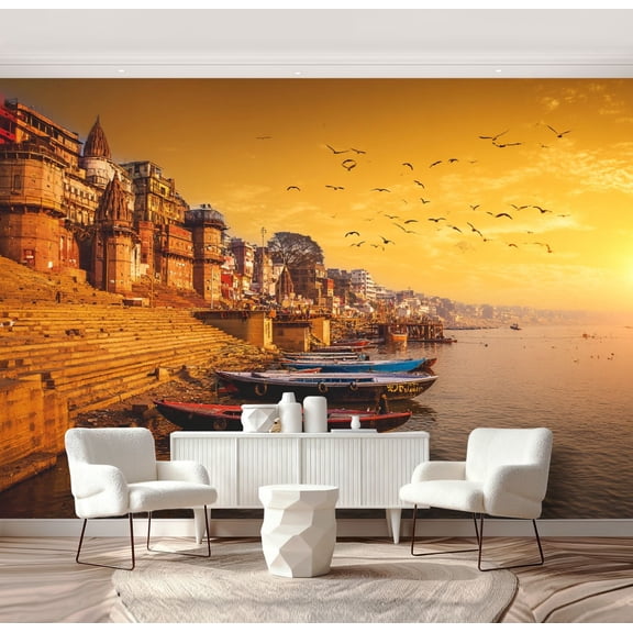 Wall Mural Peel and Stick varanasi ganges river ghat ancient city architecture viewed Self-Adhesive Wallpaper Removable Wall Decal Wall Sticker Home Decor for Living Room Bedroom 69"x96"