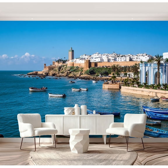 Wall Mural Peel and Stick view harbour rabat morocco africa water city Self-Adhesive Wallpaper Removable Wall Decal Wall Sticker Home Decor for Living Room Bedroom 69"x96"