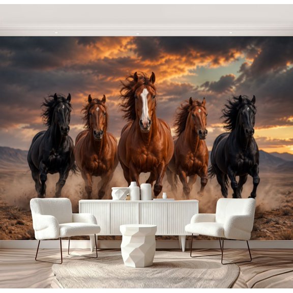 Wall Mural Peel and Stick Horse herd run dust Self-Adhesive Wallpaper Removable Wall Decal Wall Sticker Home Decor for Living Room Bedroom 69"x96"