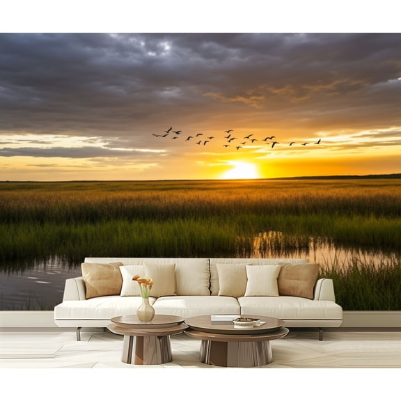 Wall Mural Peel and Stick birds sunset swamp Self-Adhesive Wallpaper Removable Wall Decal Wall Sticker Home Decor for Living Room Bedroom 100"x144"