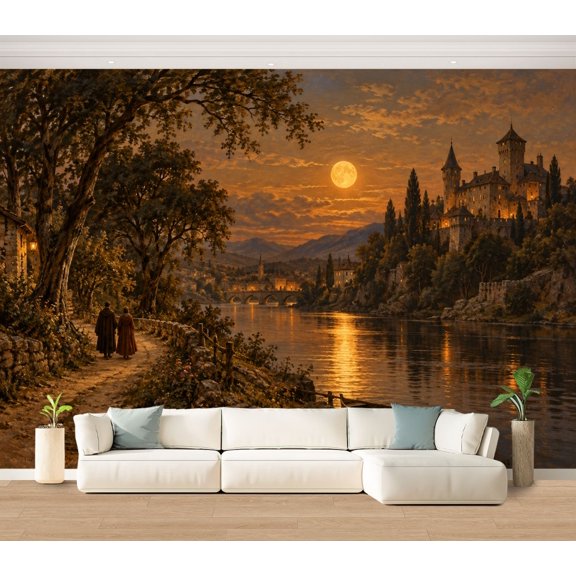 Wall Mural River Landscape vintage Large Peel and Stick Wallpaper Castle Trees Lovers Strolling Castle Removable Self-Adhesive Vinyl Wall Decor for Living Room Bedroom Kids Room 100"x144"