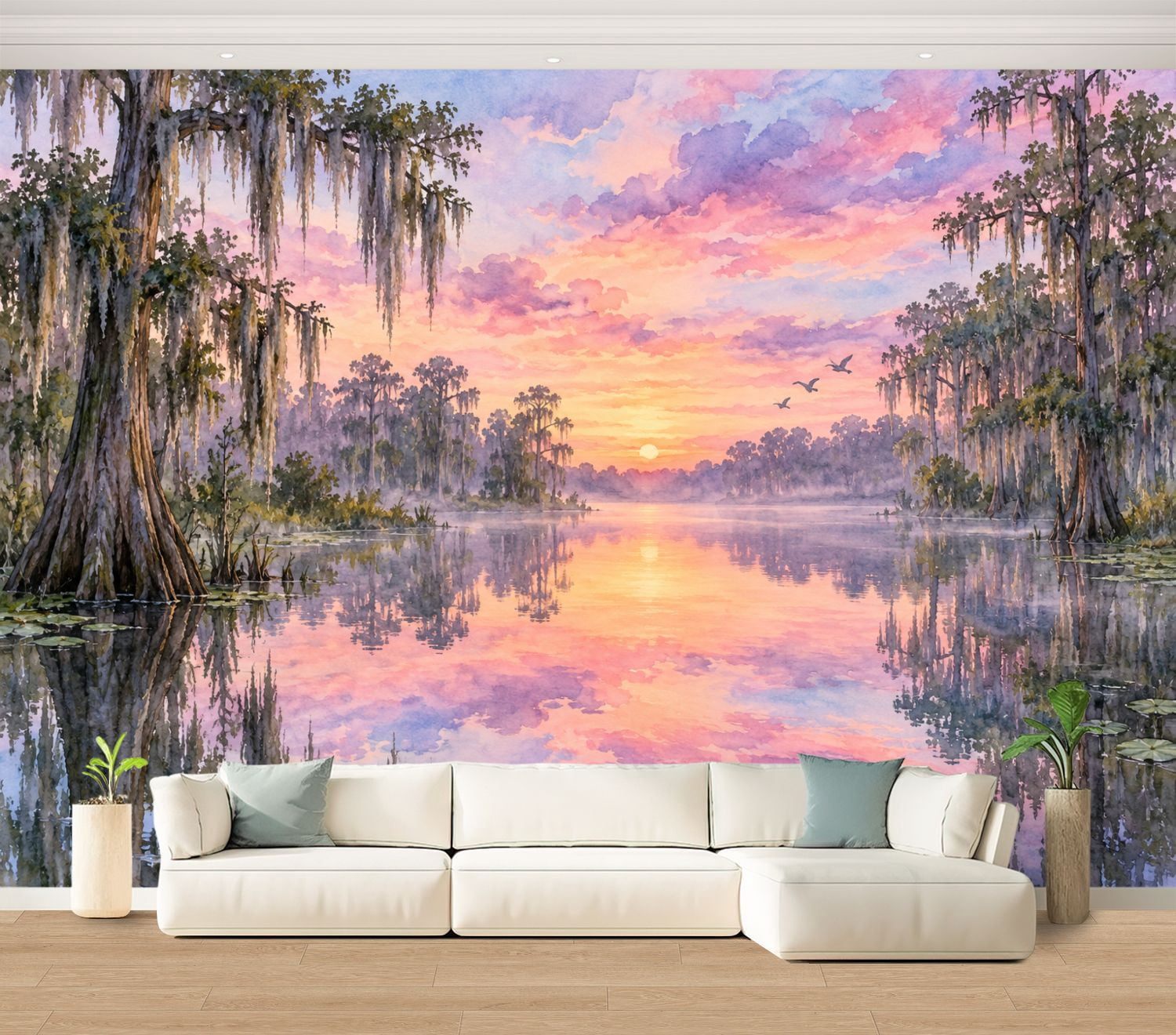 Sitck Tree Wall Mural Serene Sunset Swamp peaceful Large Peel and Stick Wallpaper ...