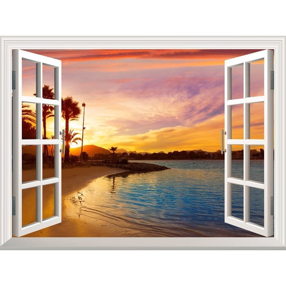Wall Mural - Tropical Beach View at Sunset | Window View Wall Decor - 36"x48"
